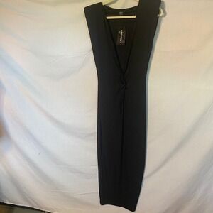 SHEINSKY Black Ribbed Knit Midi Dress Sleeveless Deep V Neck Tie Front Maxi